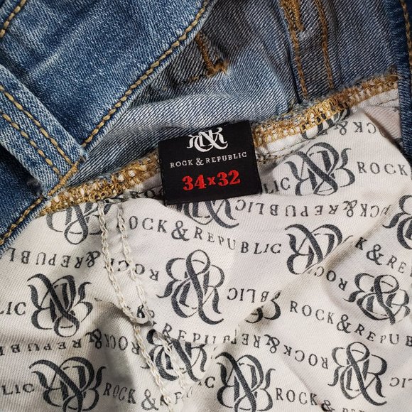 Rock and Republic Jeans Mens 34x32 Blue Denim Slim Straight Stretch Faded Grunge - Picture 3 of 16